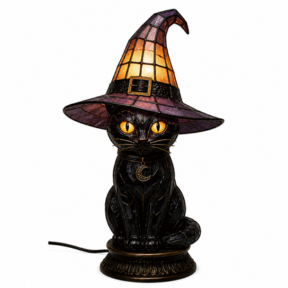 🔥Exclusive Limited Item 👍🔥50%OFF🐈 Gothic Stained Glass Witch Black Cat Table Lamp | Halloween Witch Hat Night Light Decor