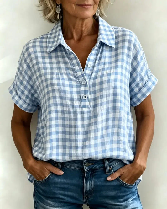 Classic Gingham Cotton-Linen V-Neck Button-Front Blouse