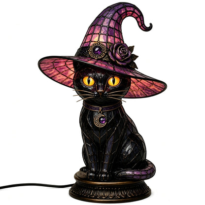 🔥Exclusive Limited Item 👍🔥50%OFF🐈 Gothic Stained Glass Witch Black Cat Table Lamp | Halloween Witch Hat Night Light Decor