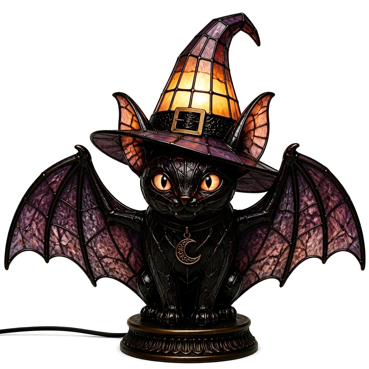 🔥Exclusive Limited Item 👍🔥50%OFF🐈 Gothic Stained Glass Witch Black Cat Table Lamp | Halloween Witch Hat Night Light Decor